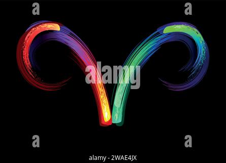 Segno zodiacale ariete, dipinto con grandi tratti di arcobaleno, luminoso, multicolore, luminescente, vernice al neon su sfondo nero. Simbolo Zodiaco. Illustrazione Vettoriale