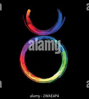 Segno zodiacale Toro, dipinto con grandi tratti di arcobaleno, luminoso, multicolore, luminescente, vernice al neon su sfondo nero. Simbolo Zodiaco. Illustrazione Vettoriale