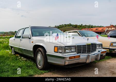 Mutenice, Repubblica Ceca - 7 maggio 2022 evento di beneficenza American Cars tra le cantine Cadilac Fleet-Wood in organizzazione di matrimoni Foto Stock