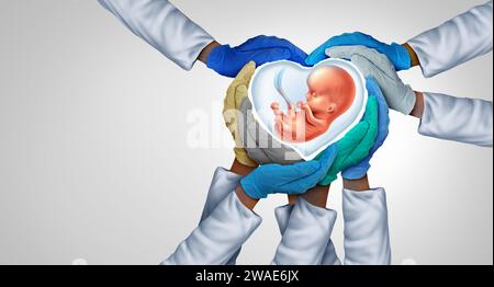 Assistenza sanitaria protezione della crescita fetale come assistenza prenatale con un lavoro di squadra medico e l'unità dei medici come partnership sanitaria globale come le mani del medico si pentono Foto Stock