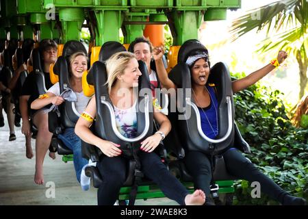 Johannesburg, Sud Africa - 16 novembre 2012: I giovani in sella alle montagne russe in un parco a tema Foto Stock