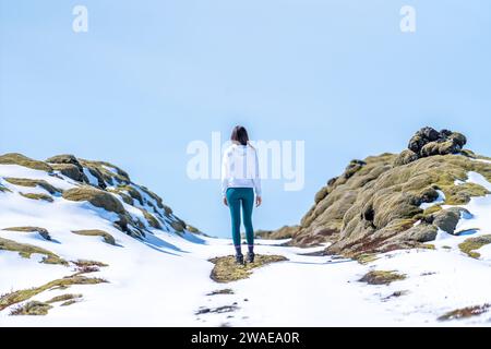 Una giovane donna si erge trionfalmente in cima a una vetta di montagna, ammirando lo splendido paesaggio che si stende davanti a lei Foto Stock