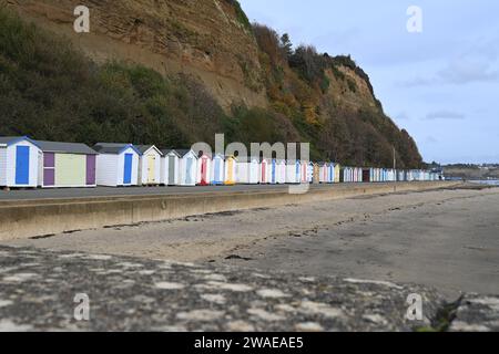 Un'immagine grandangolare di una spiaggia sabbiosa con una fila di case sulla spiaggia dai colori vivaci che adornano la costa Foto Stock