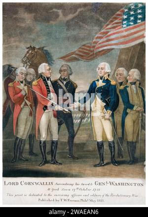 Lord Cornwallis consegnò la sua spada al generale Washington, incisione mezzotinta, 1812 Foto Stock