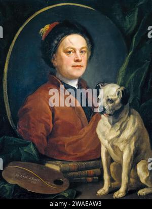 William Hogarth (1697-1764), il Pittore e il suo Pug, (Autoritratto dell'artista e del suo cane "Trump"), dipinto ad olio su tela, 1745 Foto Stock