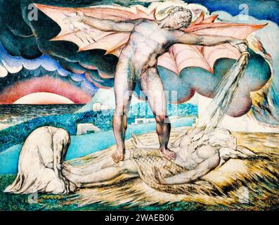 William Blake, Satan Smiting Job con bollicine doloranti, pittura tempera su legno di mogano su penna e inchiostro, circa 1826 Foto Stock