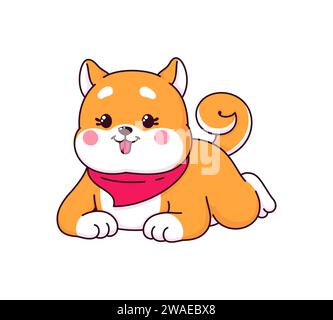 Cartone animato kawaii shiba inu personaggio di cane che posa sullo stomaco e che fuoriesce dalla lingua. Simpatico personaggio vettoriale giapponese shiba inu con colletto bandana. Divertente emoji con animali domestici rilassanti con un sorriso felice Illustrazione Vettoriale
