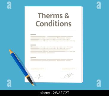 Termini e condizioni contratto della politica di servizio, documento contrattuale. Applicazione assicurativa, condizioni di affitto per la casa o contratto d'affari firmato documento vettore icona con carta e penna Illustrazione Vettoriale