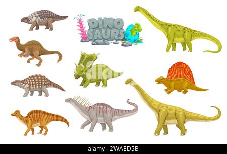 Cartoni animati dinosauri animali personaggi divertenti. Rettili preistorici, animali estinti, graziose mascotte vettoriali. Personaggi di Panoplosaurus, Deinocheirus, Nodosaurus e Amargasaurus, Chasmosaurus, Dimetrodon Illustrazione Vettoriale