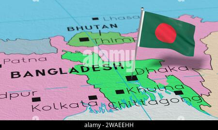 Bangladesh, Dhaka - bandiera nazionale fissata sulla mappa politica - illustrazione 3D. Foto Stock