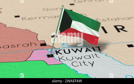 Kuwait, Kuwait City - bandiera nazionale fissata sulla mappa politica - illustrazione 3D. Foto Stock