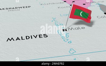 Maldive, male - bandiera nazionale fissata sulla mappa politica - illustrazione 3D. Foto Stock