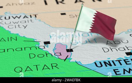 Qatar, Doha - bandiera nazionale fissata sulla mappa politica - illustrazione 3D. Foto Stock