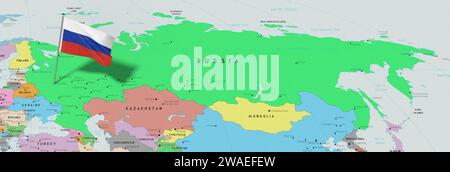 Russia, Mosca - bandiera nazionale fissata sulla mappa politica - illustrazione 3D. Foto Stock