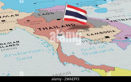 Thailandia, Bangkok - bandiera nazionale fissata sulla mappa politica - illustrazione 3D. Foto Stock