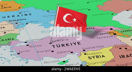 TURKYIE, Ankara - bandiera nazionale fissata sulla mappa politica - illustrazione 3D. Foto Stock