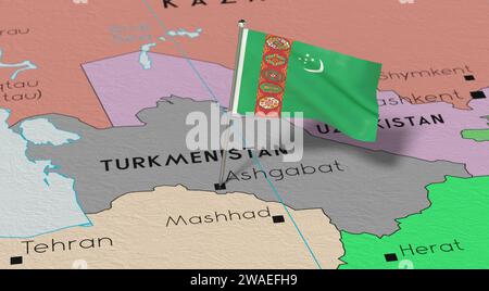 Turkmenistan, Ashgabat - bandiera nazionale fissata sulla mappa politica - illustrazione 3D. Foto Stock