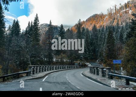 Strada vuota circondata da pini sotto le cime innevate delle montagne vicino a Kranjska gora in Slovenia Foto Stock