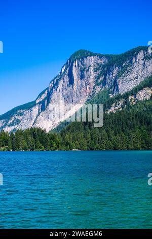 Vista sulla superficie del Lago di Tovel, la scogliera rocciosa del Monte Corno in lontananza. Foto Stock