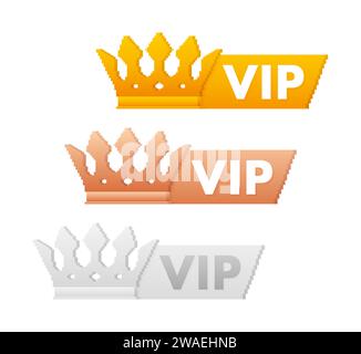 Set di tre distintivi VIP Crown nei colori oro, bronzo e argento per l'illustrazione dell'iscrizione esclusiva, perfetto per i programmi fedeltà e Premium Illustrazione Vettoriale