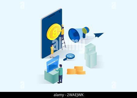 Infografica sulle transazioni in criptovaluta e sul mobile banking. Invia denaro. Portafoglio digitale Bitcoin. E-payment 3d Concept Illustrazione Vettoriale