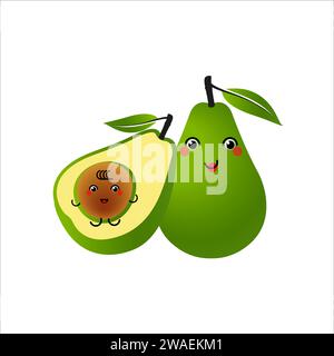 Caratteri avocado su sfondo bianco. Felice mamma sorridente di avocado con il bambino. Illustrazione vettoriale Illustrazione Vettoriale