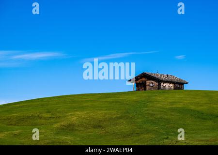 Una casa in legno sulla cima di una collina all'Alpe di Siusi, Alpe di Siusi. Foto Stock