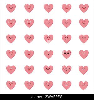 Illustrazione vettoriale del set di espressioni facciali emoji cardiache. Illustrazione Vettoriale