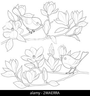 Uccelli su un ramo di magnolia. Bianco e nero. Pagina di colorazione Art Therapy per bambini e adulti. Pagina per il relax e la meditazione. Illustrazione del contorno vettoriale. Illustrazione Vettoriale