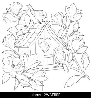 Uccelli nella casa degli uccelli su un ramo della magnolia. Bianco e nero. Pagina di colorazione Art Therapy per bambini e adulti. Pagina per il relax e la meditazione. Illustrazione del contorno vettoriale. Illustrazione Vettoriale