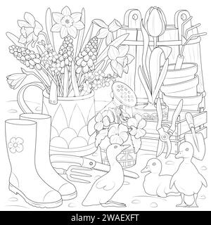 Giardino primaverile con anatre vettoriali. Le anatre giocano in giardino. Bouquet in una lattina d'acqua. Attrezzi da giardinaggio. Fiori in un vaso. Pagina di colorazione Art Therapy per bambini e adulti. Illustrazione Vettoriale