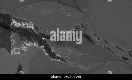 Papua nuova Guinea evidenziata su una mappa di elevazione in scala di grigi con laghi e fiumi Foto Stock