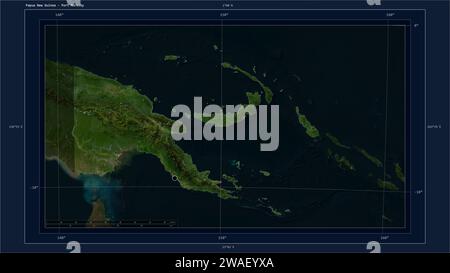 Papua nuova Guinea evidenziata su una mappa satellitare a bassa risoluzione con la capitale del paese, la griglia cartografica, la scala della distanza e il confine della mappa Foto Stock