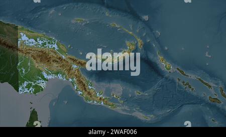 Papua nuova Guinea evidenziata su una mappa di elevazione color pallido con laghi e fiumi Foto Stock