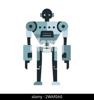 Tecnologia robot cyborg in metallo in stile piatto. Futuristico personaggio di mascotte umanoide. Robot scientifico, personaggio Android friendly, robotico Illustrazione Vettoriale