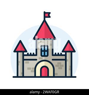 Icona della linea del castello. Sagoma dell'edificio in architettura gotica fantasia a torre del Regno. Fortezza medievale. Antico castello magico reale. Vettore Illustrazione Vettoriale