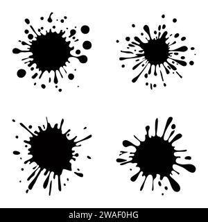 Macchie di inchiostro nero con gocce. Diversi elementi di design a spruzzo disegnati a mano. Spruzzi di inchiostro di vernice, set di macchie. Spruzzi di vernici con gocce. Vettore Illustrazione Vettoriale