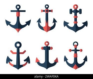 Insieme di icone piatte per ancorare. Apparecchio per ormeggio imbarcazioni nautiche, accessorio tradizionale per navi. Le sagome ancorano le attrezzature marine. Marina, flotta oceanica, porto Illustrazione Vettoriale