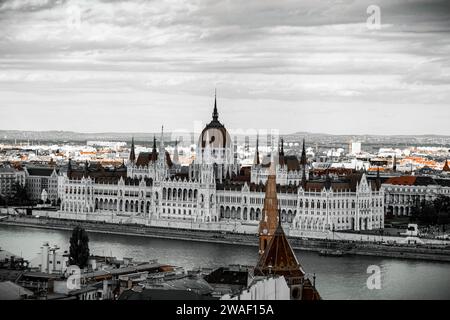Una foto aerea dell'edificio del Parlamento ungherese a Budapest, Ungheria Foto Stock