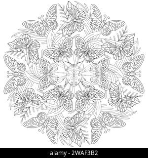 Mandala con fiori, foglie e farfalle su sfondo bianco. Libro da colorare antistress per bambini e adulti. Elemento decorativo per il design. Illustrazione vettoriale Illustrazione Vettoriale