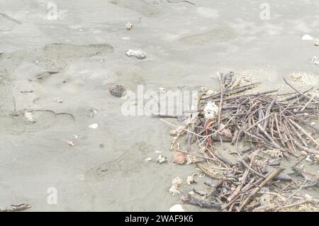 La spazzatura dell'inquinamento viene scaricata su una spiaggia sporca nel sud della Thailandia. Foto Stock