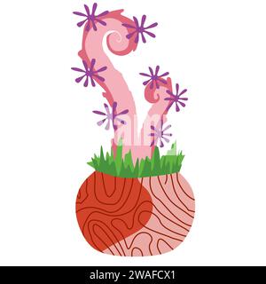 Fantasy Plant in vaso di fiori. Element for Game with Alien Plants with Tentacle isolate su sfondo bianco. Organismo rosa, mostro, creatura con tenda Illustrazione Vettoriale