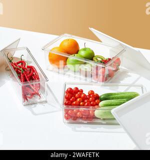 Contenitore per alimenti in vetro con coperchio in legno riempito con frutta e verdura sfondo color crema Foto Stock