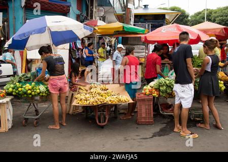 Manaus, vendita di frutta e verdura intorno al mercato. Foto Stock