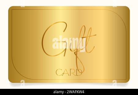 Elegante e semplice modello di carta regalo dorata. Modello Vector in metallo per il design del buono regalo, voucher, buono sconto. Isolato su un bianco Illustrazione Vettoriale