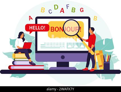 Concetto di traduzione e servizio di traduzione. Persone che utilizzano la traduzione online. Traduzione di una lingua straniera. Illustrazione vettoriale. Piatto isolato. Illustrazione Vettoriale