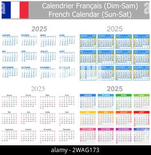 Calendario misto francese 2025 domenica-sabato su sfondo bianco Illustrazione Vettoriale