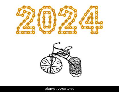 Bicicletta a filo nero con cesto e felice anno nuovo 2024 realizzata con maglie a catena dorate su sfondo bianco Foto Stock