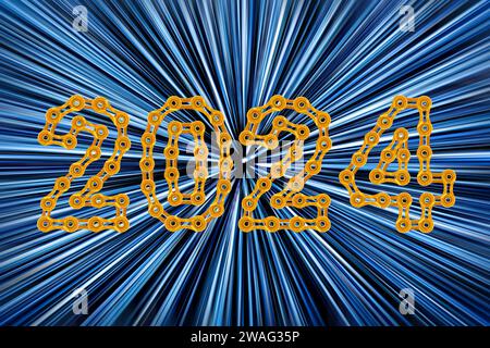 Luci e luci con Happy New Year 2024 realizzate con maglie a catena, deformazione delle stelle, disegno illustrativo Foto Stock