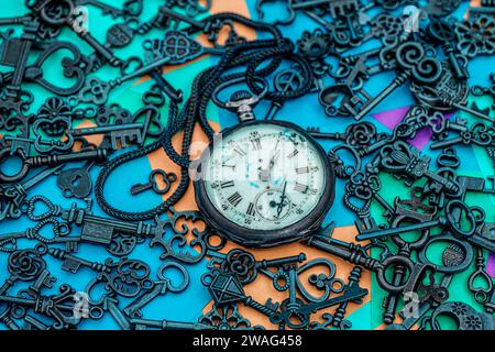 Il concetto di simbolismo. Orologio da tasca marcio antico con tasti ornamentali in bronzo su uno sfondo di carta policroma note appiccicose Foto Stock